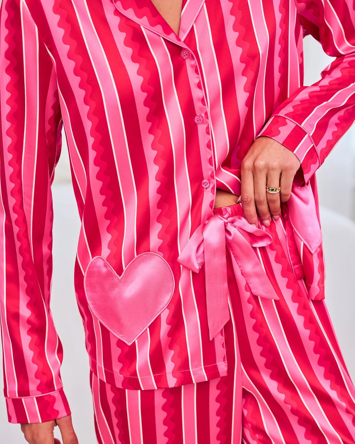 Tall Satin Heart Pocket Striped Long Pyjama Set - Pink