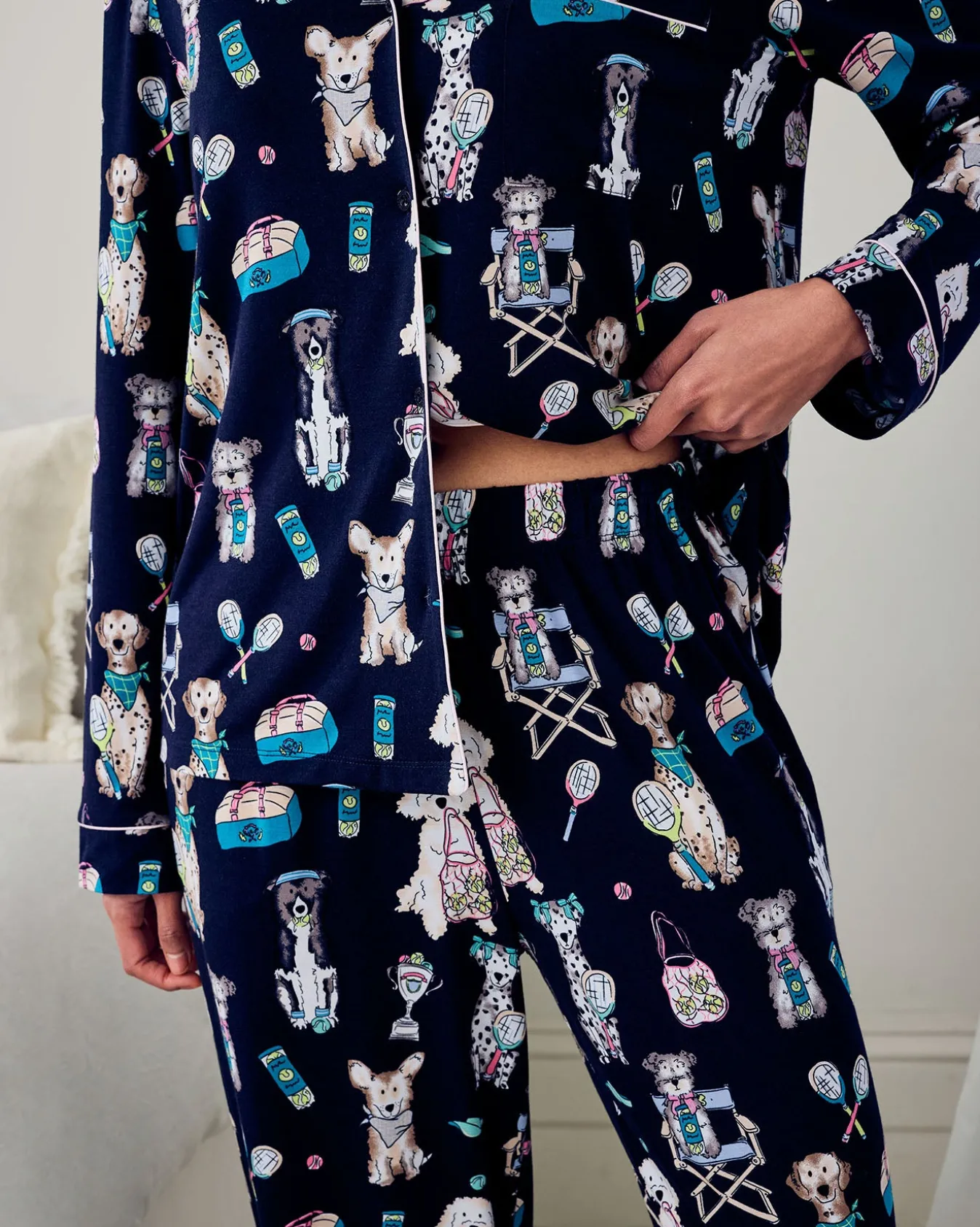 Tall TENCEL™ Modal Tennis Dogs Print Long Pyjama Set - Navy