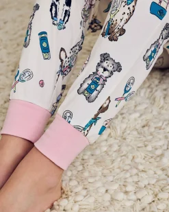 Tall Tennis Dogs Print Long Pyjama Set - Cream