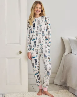 Tall Tennis Dogs Print Long Pyjama Set - Cream