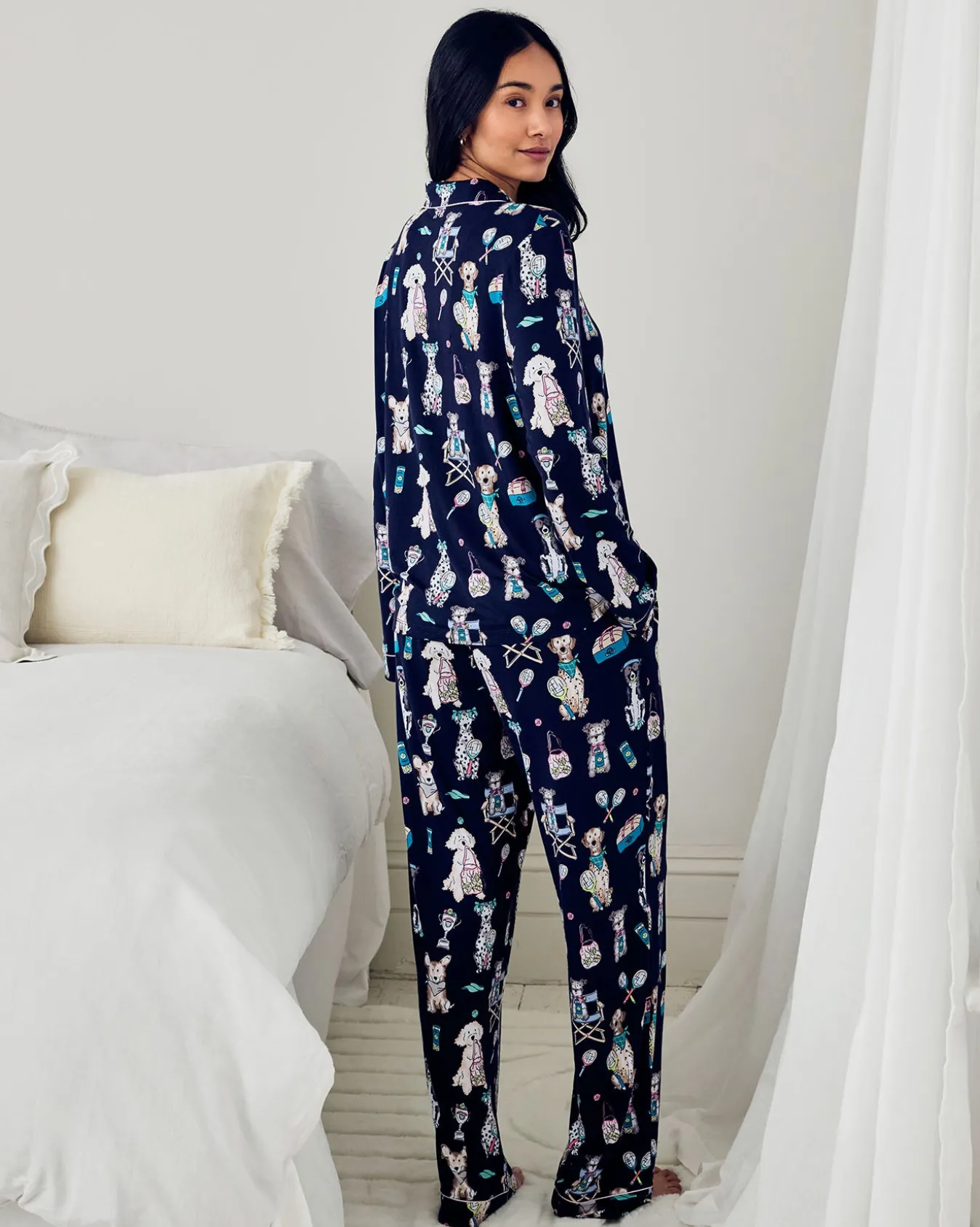 TENCEL™ Modal Tennis Dogs Print Long Pyjama Set - Navy