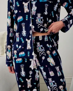 TENCEL™ Modal Tennis Dogs Print Long Pyjama Set - Navy