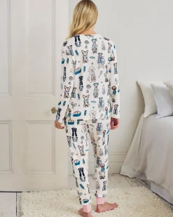 Tennis Dogs Print Long Pyjama Set - Cream