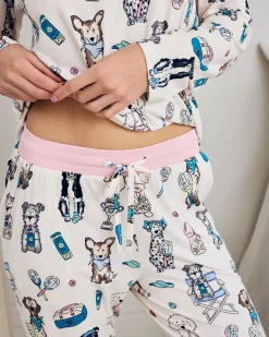 Tennis Dogs Print Long Pyjama Set - Cream