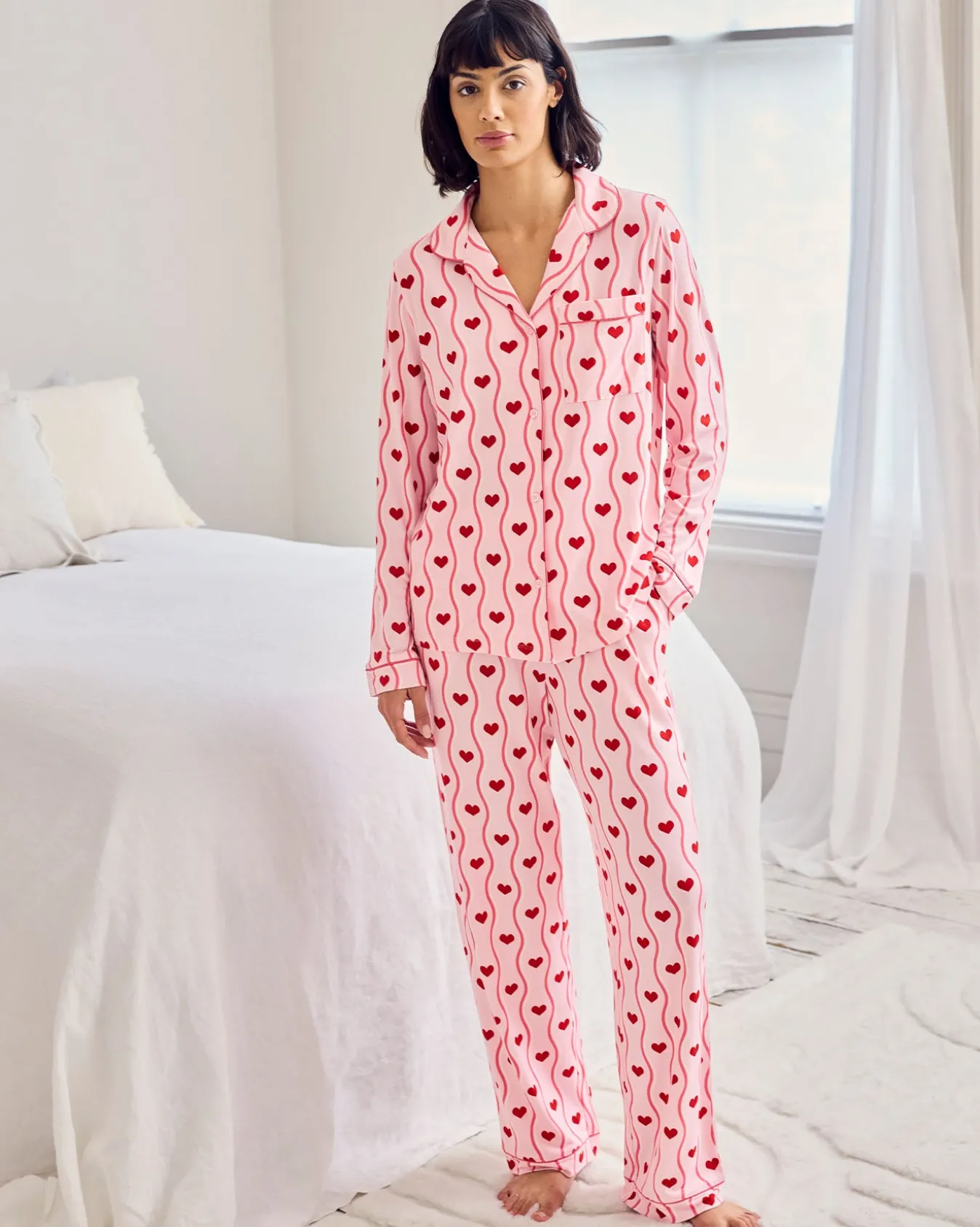 Wavy Stripe Heart Print Long Pyjama Set